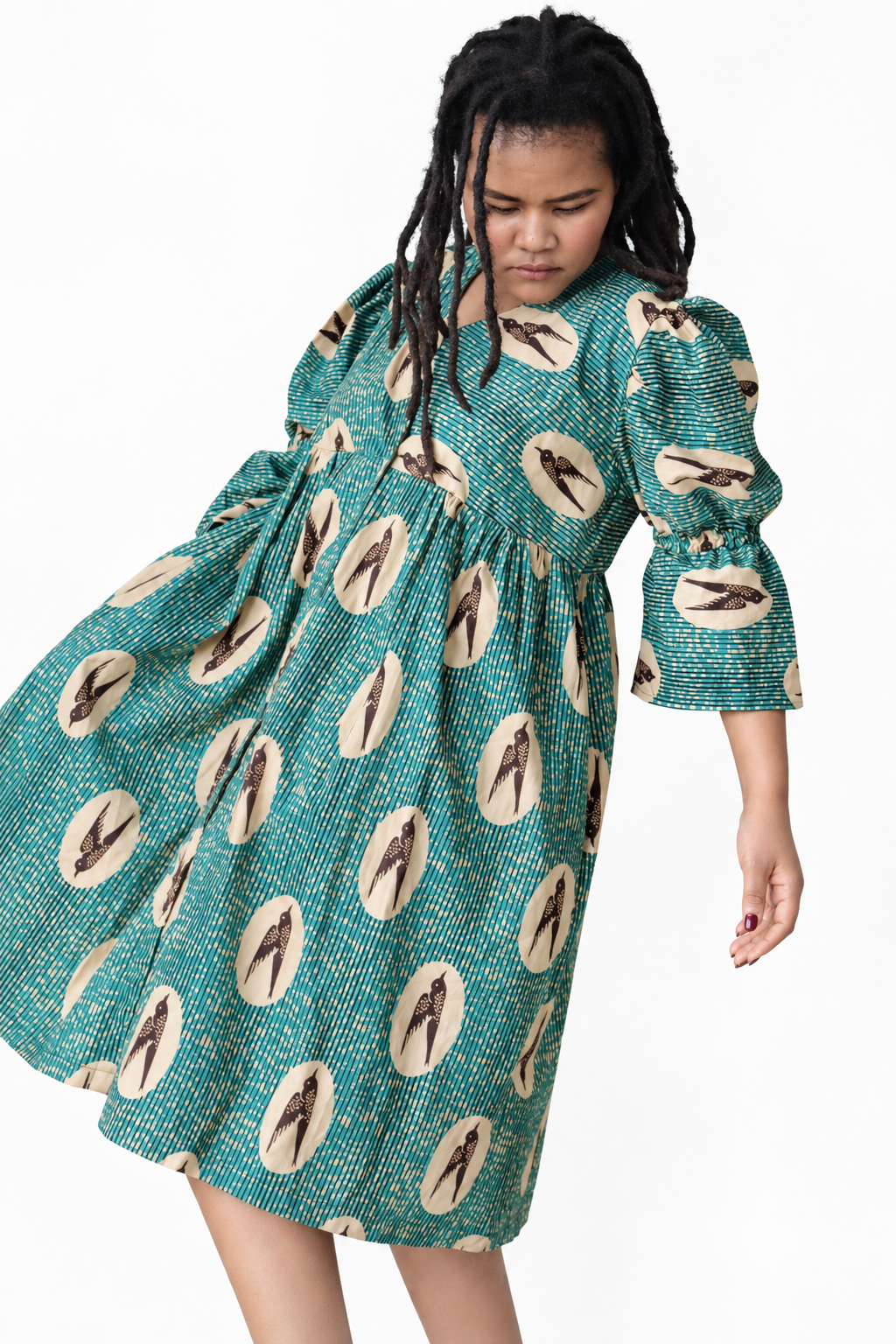 Tali Bird Print Cotton Midi Dress