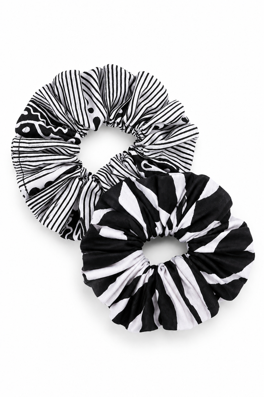 Mooi African Print Scrunchies – 2 Pack | Monochrome