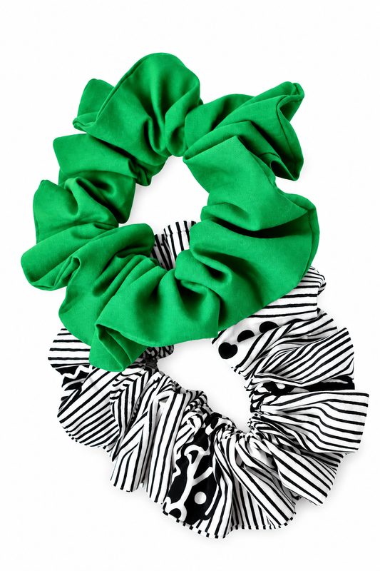 Green & Mono African Print Scrunchies – 2 Pack